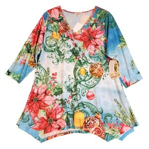 One World Womens 1X Christmas Poinsettia Ornament Print V‎ Neck Tunic Top